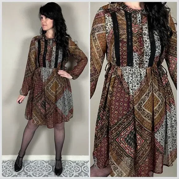 Vintage Y2K Patchwork Print Long Sleeve Sheer Babydoll Dress - Picture 1 of 8